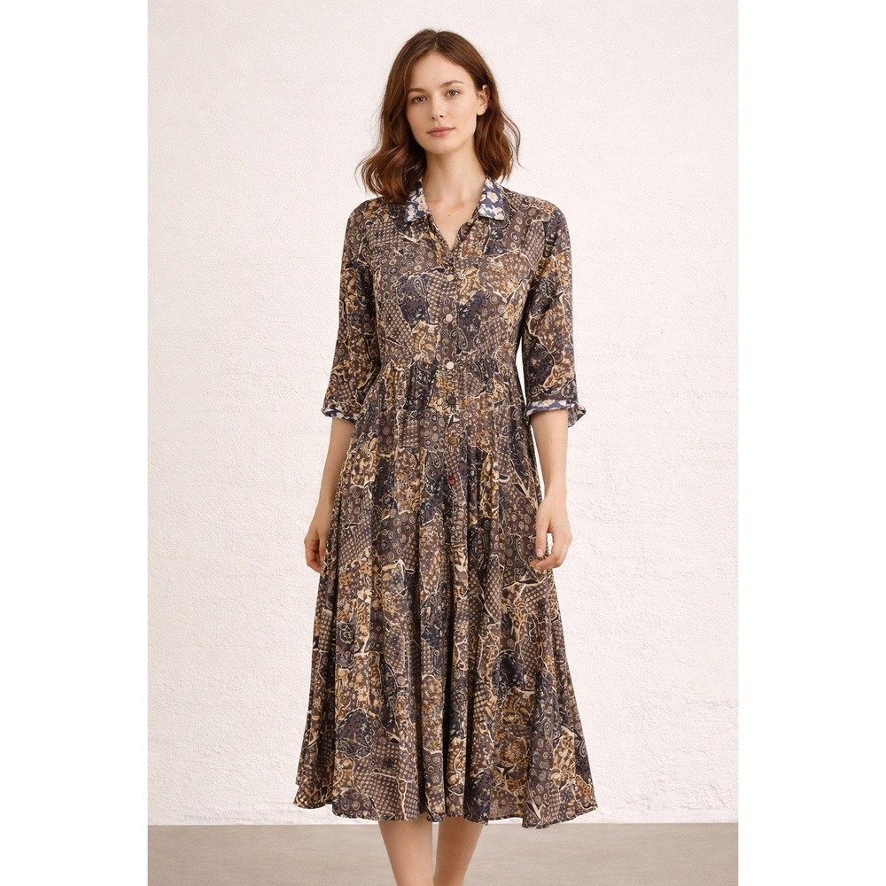 Zoe Vintage Patchwork Paisley‎ Shirt Dress Women Size M Brown EXCELLENT